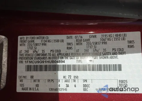 2017 Ford Escape Se z USA, uszkodzony, nr VIN 1FMCU9G91HUB04894